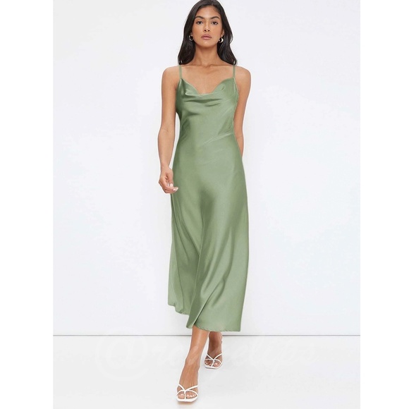 Green Satin Cami Dress Midi Adjustable Spaghetti Straps - Picture 2 of 8